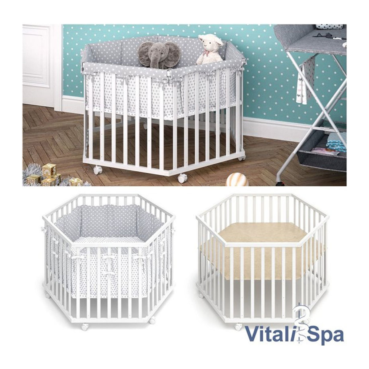 VITALISPA Laufgitter 6-eckig in Weiß mit Laufgittereinlage als Laufstall und Krabbelgitter - Bild 1
