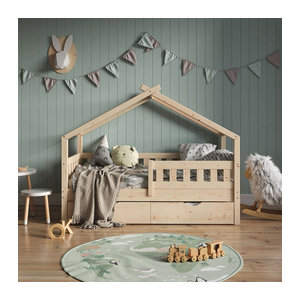 VitaliSpa Massivholz Hausbett Design Kinderbett mit Gästebett und Matratze, Braun, B: 160 cm, T: 80 cm
