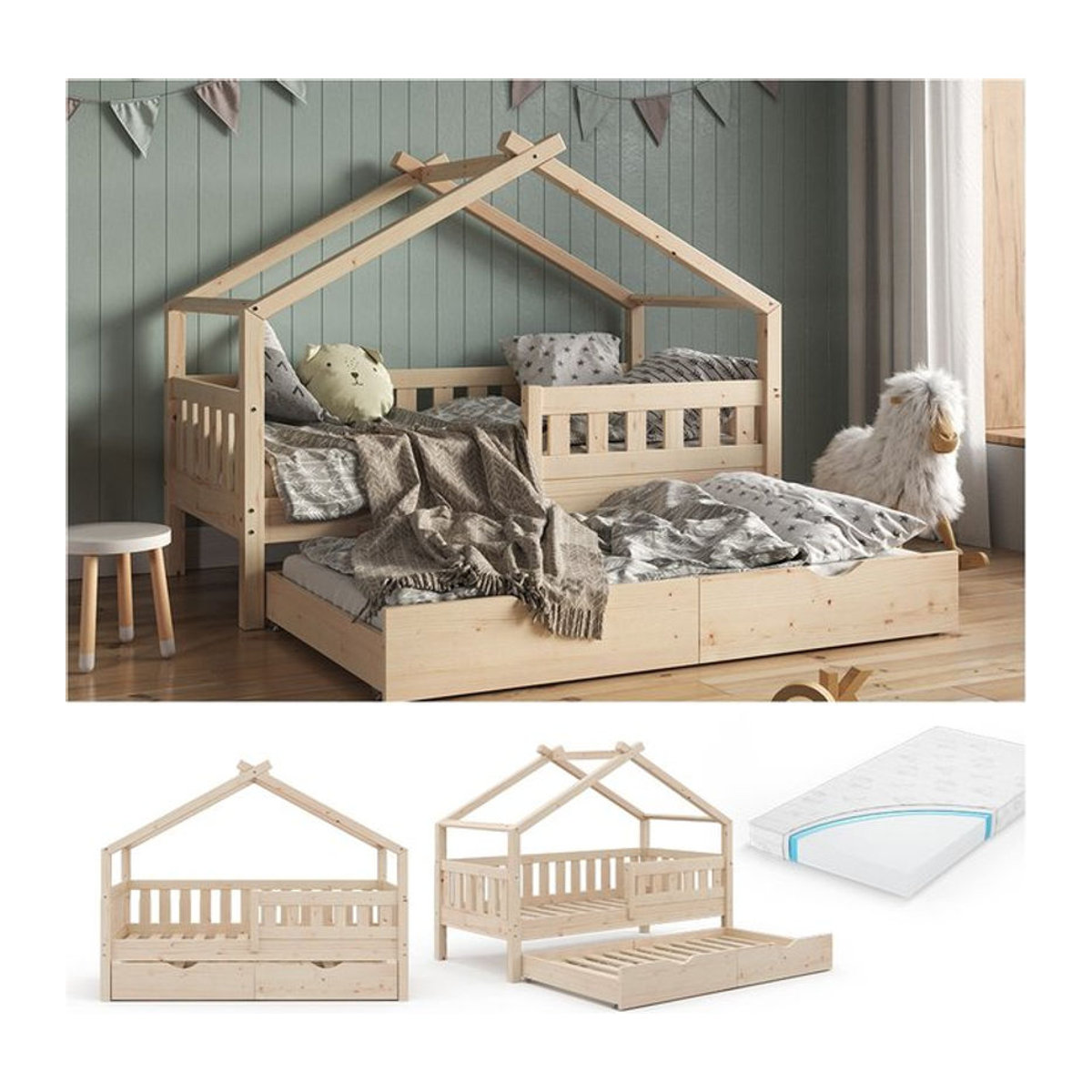 VitaliSpa Massivholz Hausbett Design Kinderbett mit Gästebett und Matratze, Braun, B: 160 cm, T: 80 cm - Bild 2
