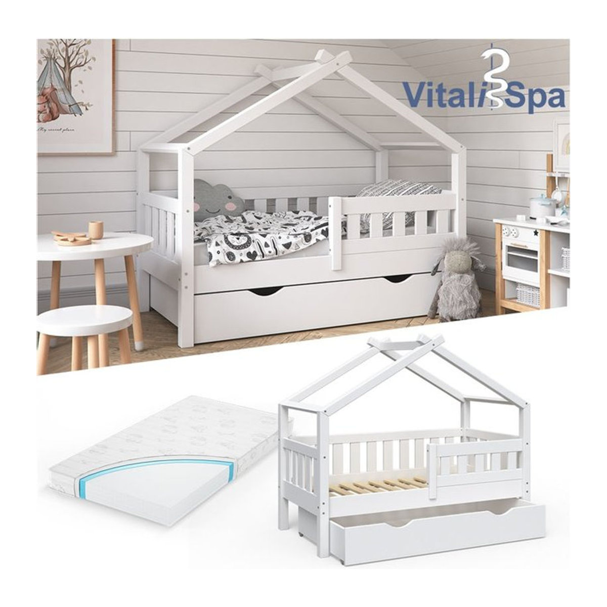 VitaliSpa Massivholz Kinderbett im skandinavischen Design, Weiß, mit Schublade und Matratze, B/T: 140 x 70 cm - Bild 1