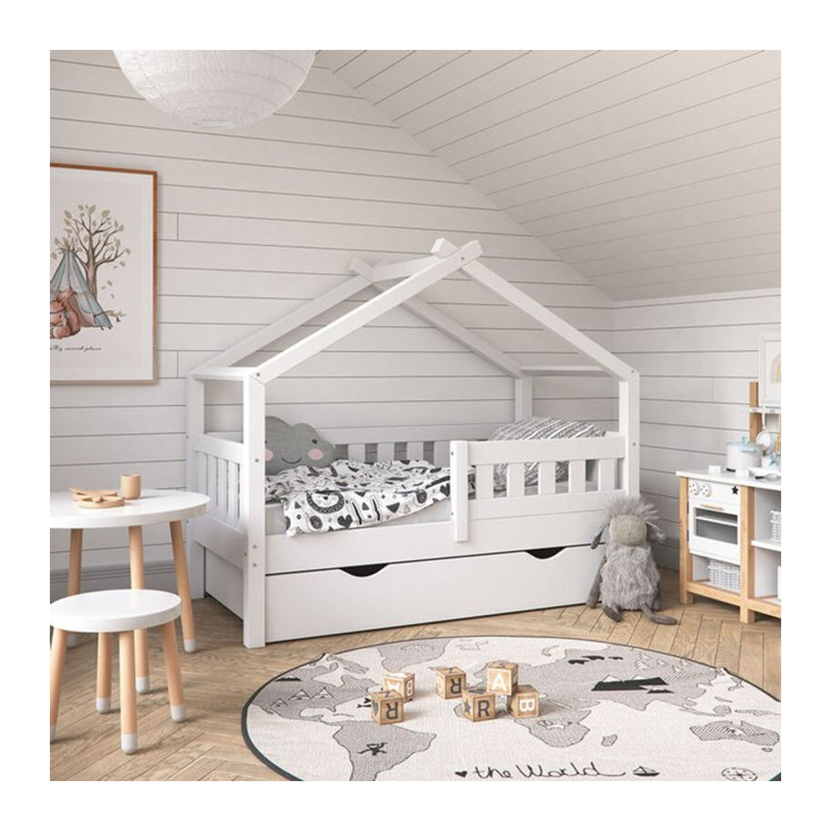 VitaliSpa Massivholz Kinderbett im skandinavischen Design, Weiß, mit Schublade und Matratze, B/T: 140 x 70 cm - Bild 2