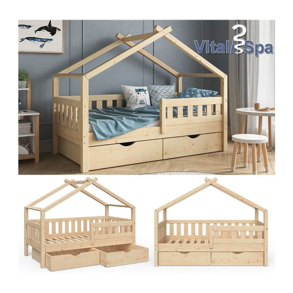 VitaliSpa Massivholz Kinderbett in Natur mit 2 Schubladen und Lattenrost, B/T: 160 x 80 cm - Bild 1