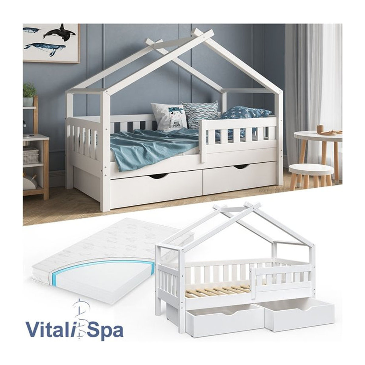VitaliSpa Massivholz Kinderbett in Weiß mit 2 Schubladen, Lattenrost und Matratze, B/T: 160 x 80 cm - Bild 1