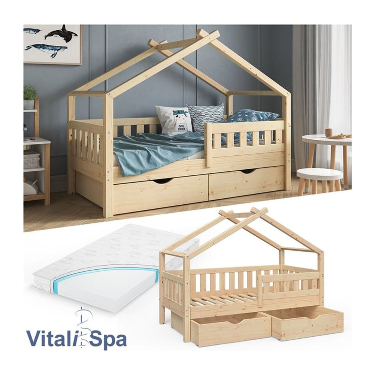 VitaliSpa Massivholzbett Kinderbett in Natur mit Schublade, Lattenrost und Matratze, B/T: 140 x 70 cm - Bild 1