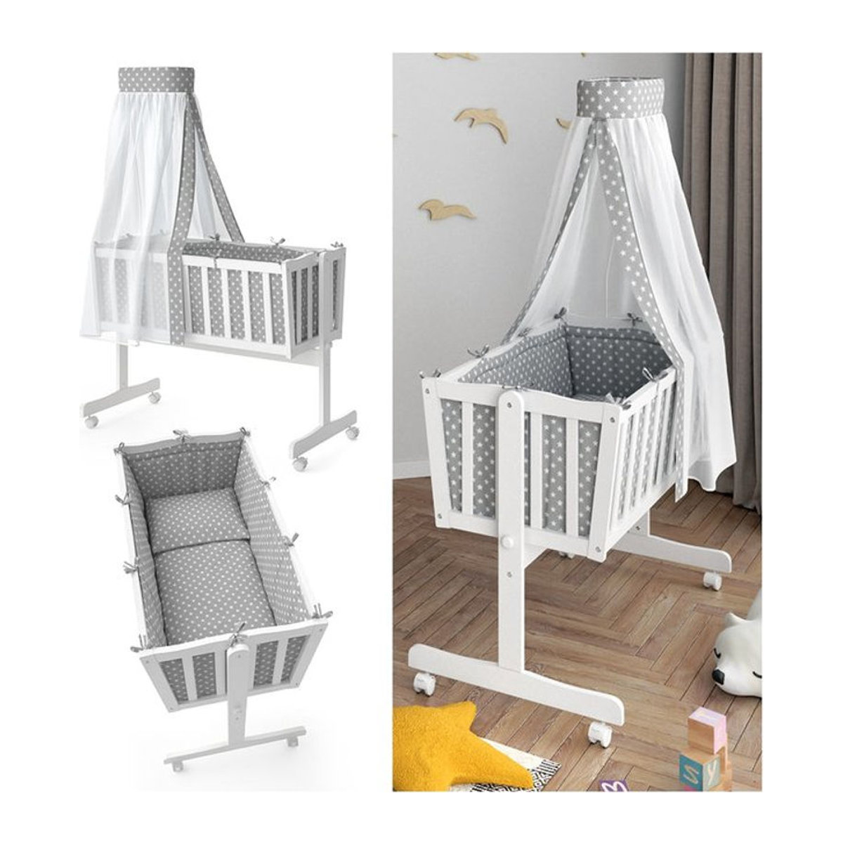 VITALISPA Schaukelwiege Noah aus Massivholz Buche in Weiß und Grau mit Bett Set - Bild 2