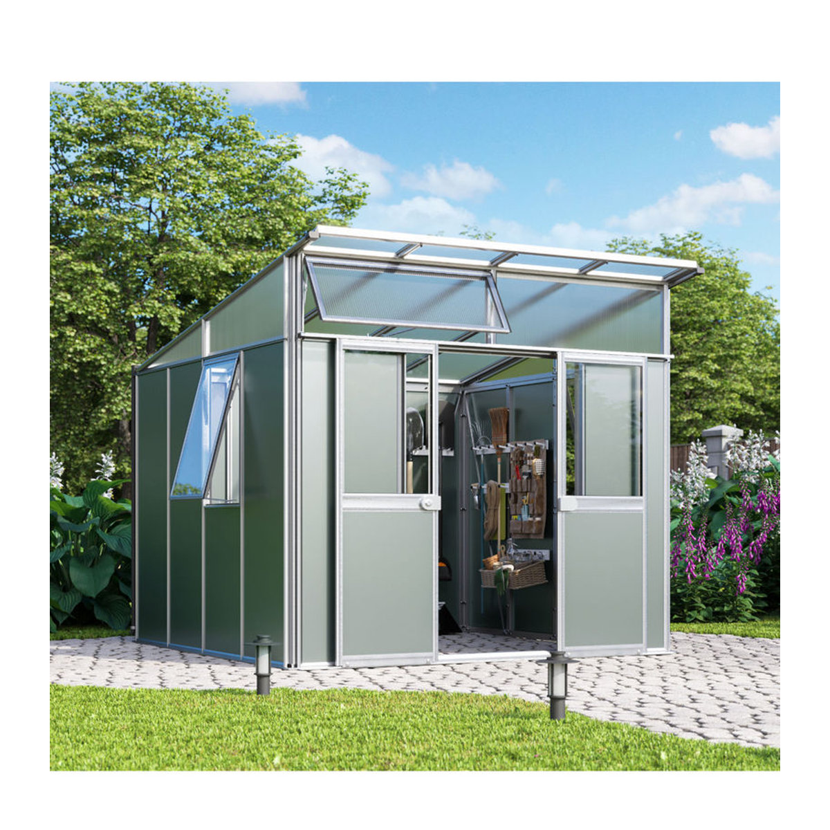 Vitavia Gerätehaus Kosmos aus Metall in Alufarben und Grün, B/H/T: 267 x 242,3 x 295 cm - Bild 2