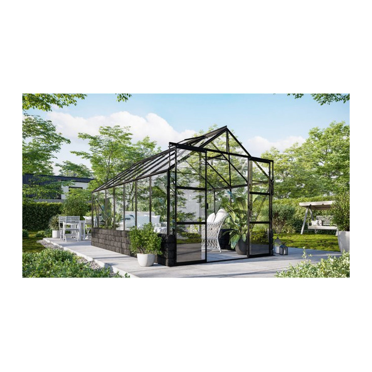 Vitavia Gewächshaus Cassandra 11500 in Schwarz mit Sockelmauer in Basalt und 3 mm ESG-Glas, 11,5 m² - Bild 1