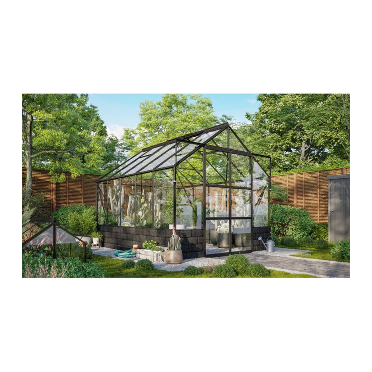 Vitavia Gewächshaus Cassandra 8300 in Schwarz mit Sockelmauer in Basalt und 3 mm ESG-Glas, 8,3 m² - Bild 1