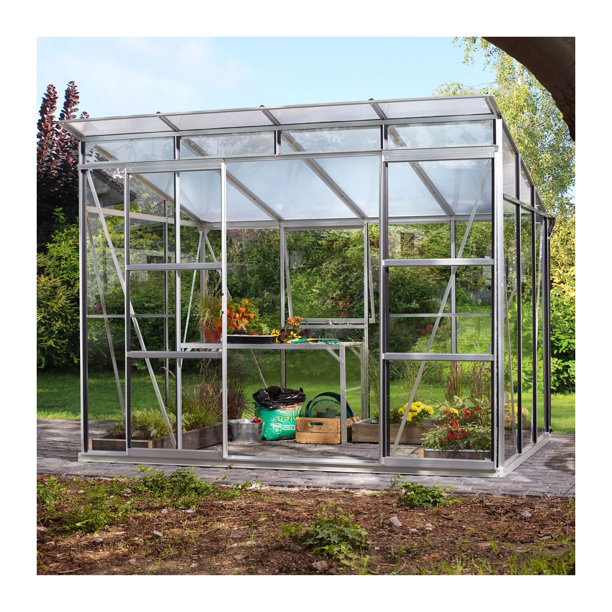 Vitavia Gewächshaus Freya 5900 in alufarben mit Aluminiumrahmen, 5,9 m², 3 mm ESG-Glas und 6 mm HKP-Platten - Bild 3