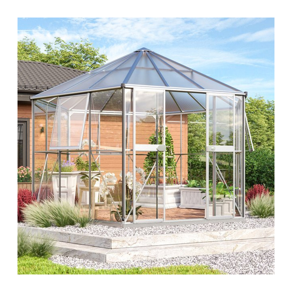 Vitavia Gewächshaus-Pavillon Juno 9000 in Alufarben mit Stahlfundament, Aluminium, Glas und Polycarbonat, 9,0 m² - Bild 1