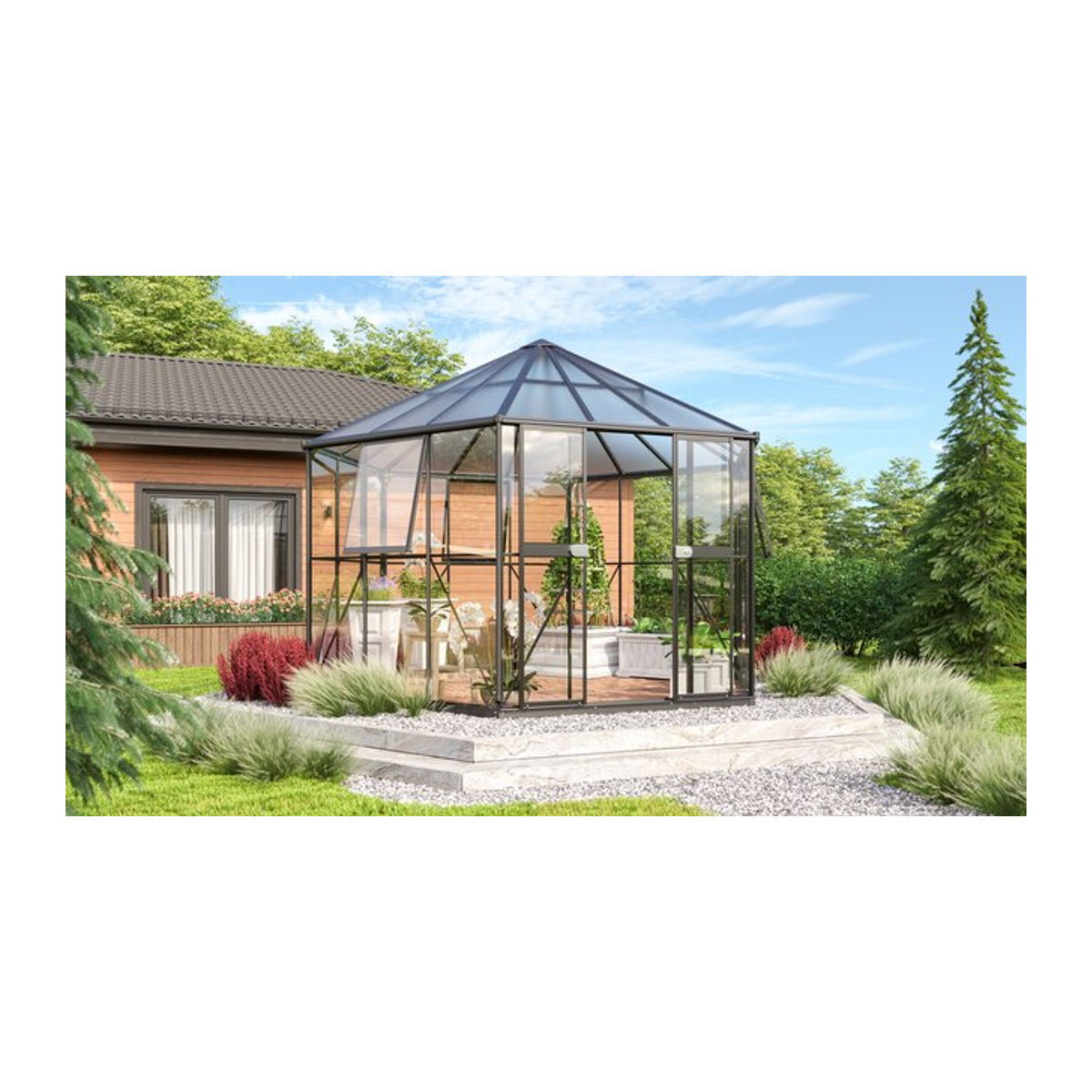 Vitavia Gewächshaus-Pavillon Juno in Schwarz mit Aluminiumrahmen, Glas und Polycarbonat, 9 m² - Bild 1