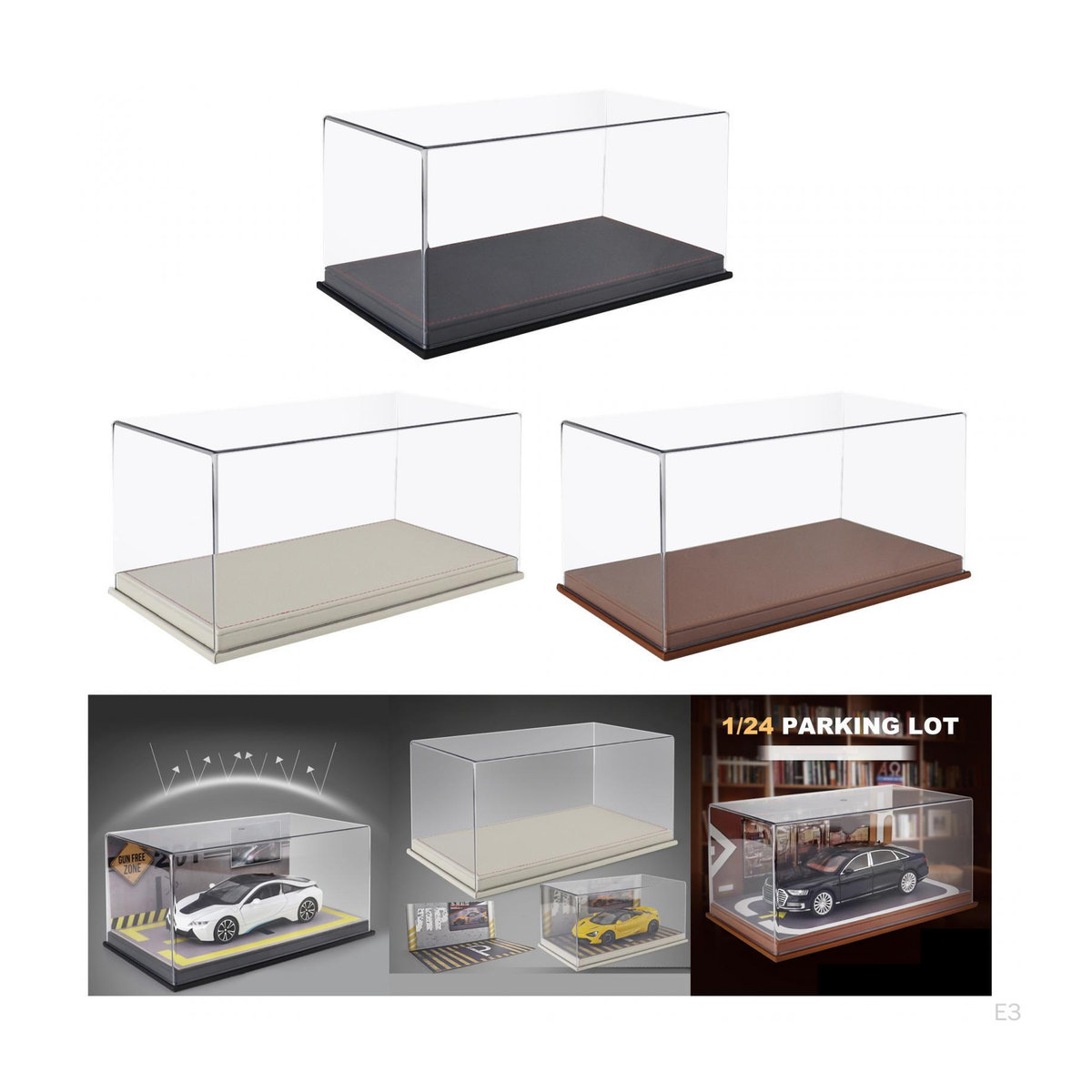 Vitrine für Druckgussautos im Maßstab 1:24 mit transparenter PVC-Abdeckung und Parkplatz-Schutzständer in Weiß - Bild 2