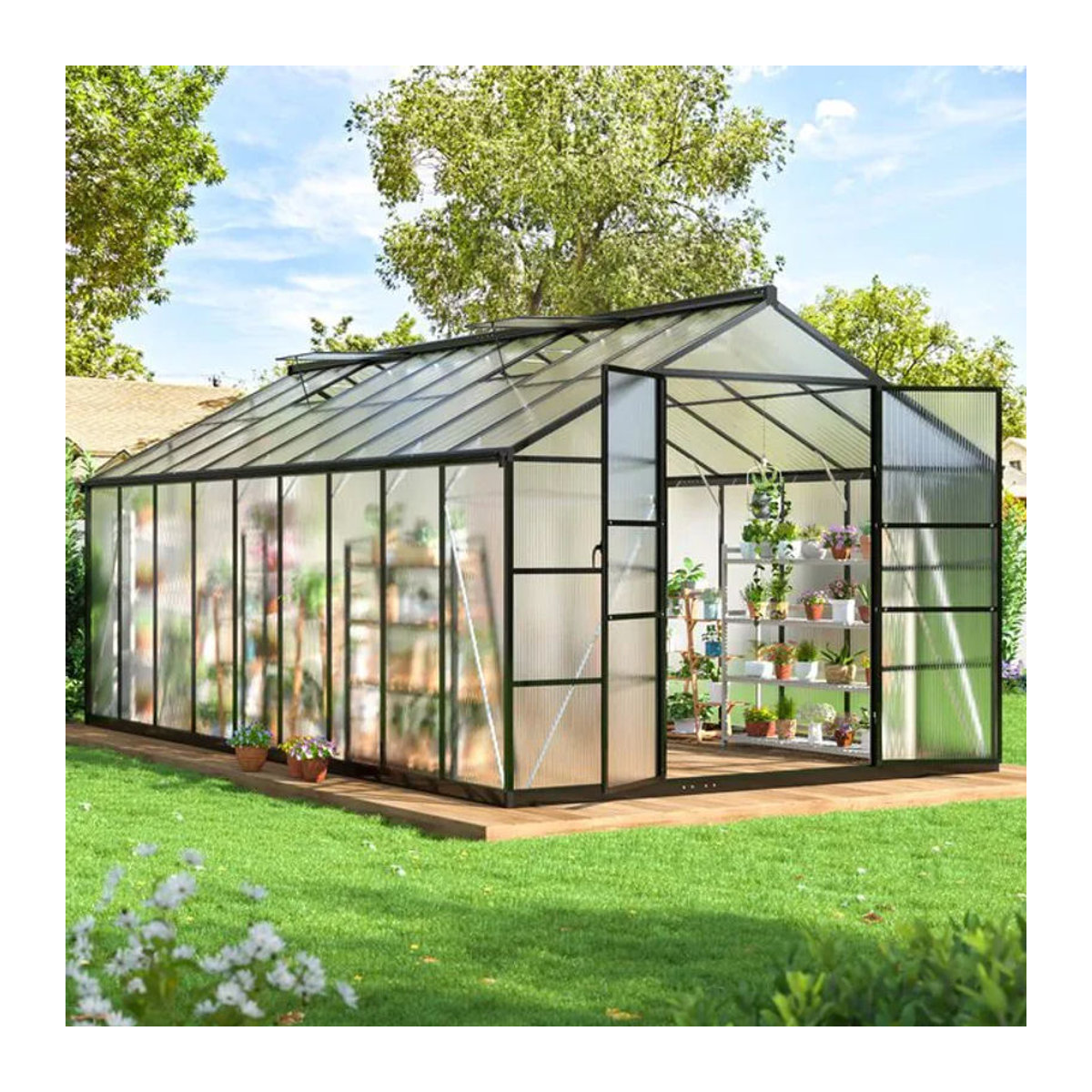 VIWAT Mehrzweck-Gewächshaus aus Polycarbonat und Aluminium mit Lüftungsdach und UV-Schutz in Schwarz - Bild 1
