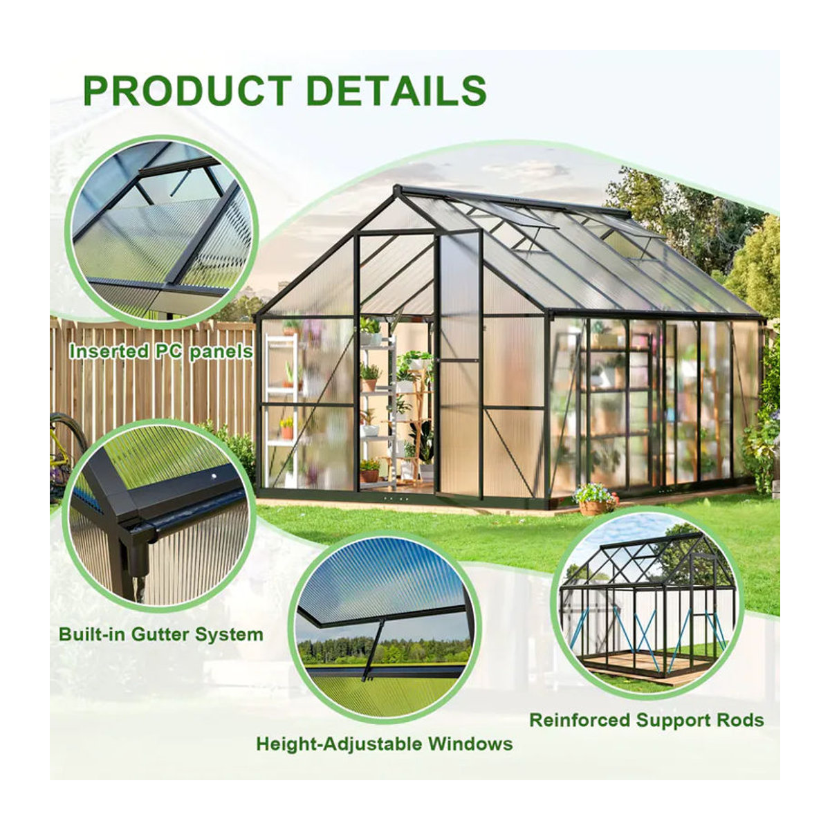 VIWAT Mehrzweck-Gewächshaus aus Polycarbonat und Aluminium mit Lüftungsdach und UV-Schutz in Schwarz - Bild 2