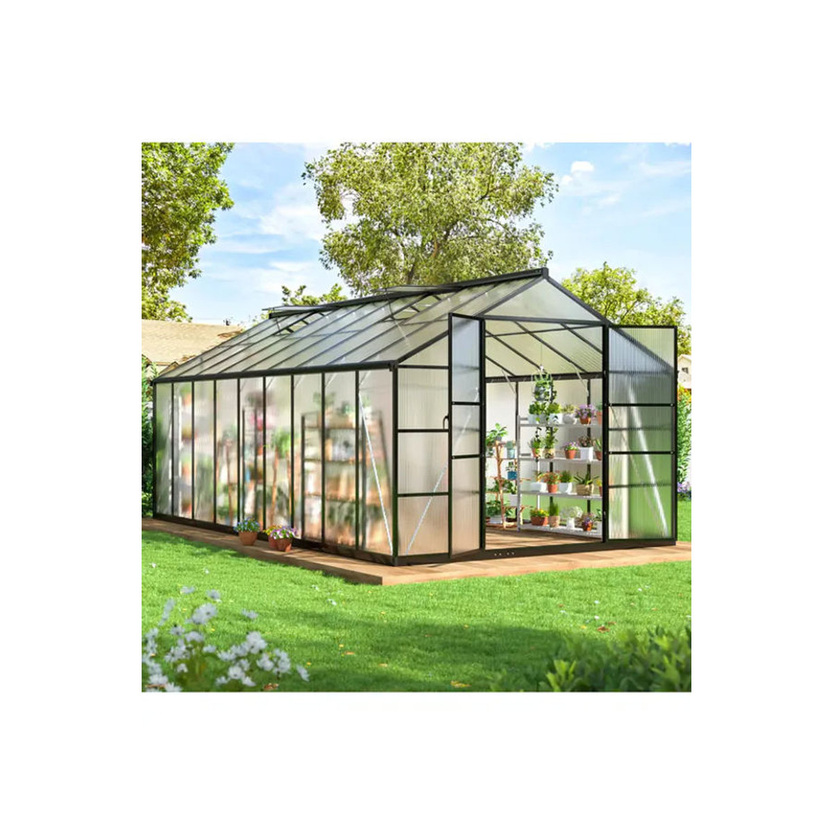 VIWAT Mehrzweck-Gewächshaus aus Polycarbonat und Aluminium mit Lüftungsdach und UV-Schutz in Schwarz - Bild 5