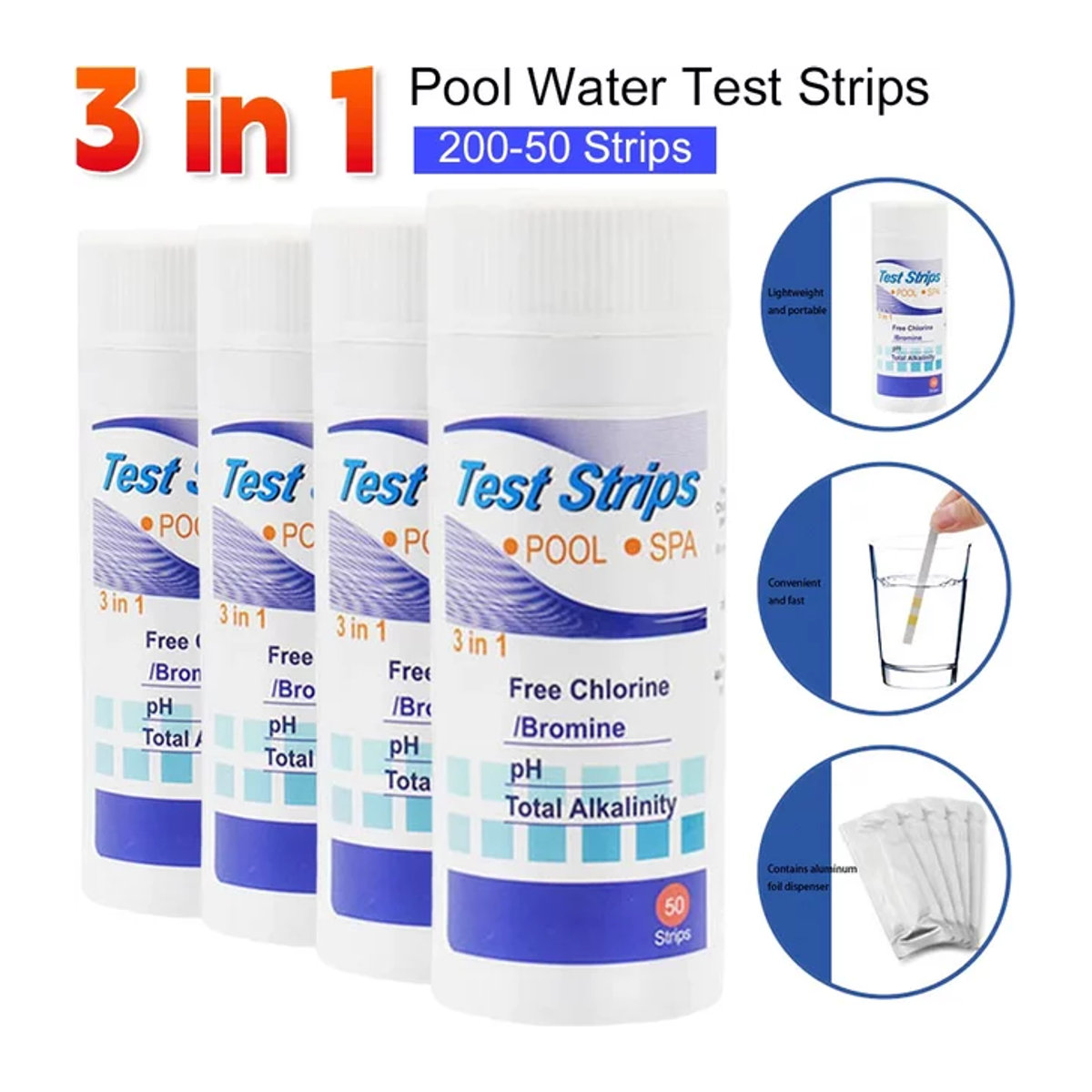 VKTECH 3 in 1 Teststreifen für Schwimmbadwasser zur Messung von Chlor, pH-Wert und Brom, Weiß - Bild 1