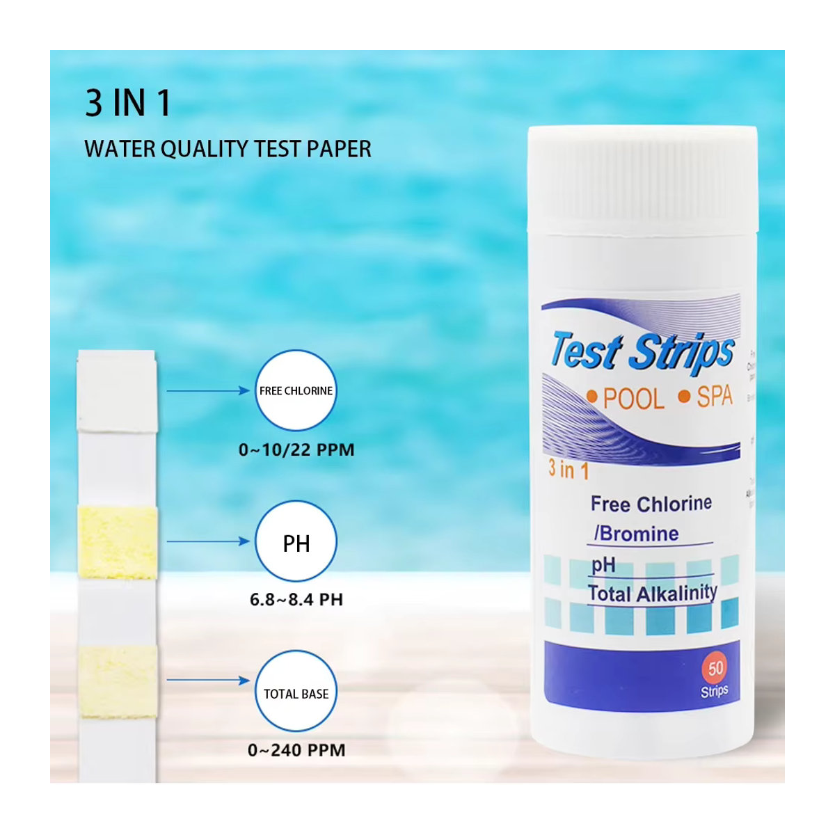 VKTECH 3 in 1 Teststreifen für Schwimmbadwasser zur Messung von Chlor, pH-Wert und Brom, Weiß - Bild 2
