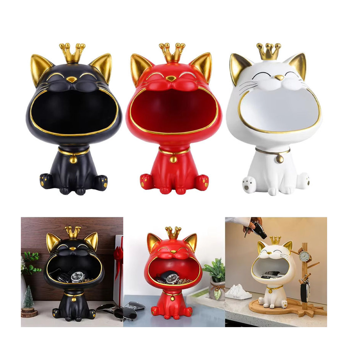 VKTECH Dekorative Katze-Figur als Aufbewahrungsbox aus Kunstharz in Weiß und Mehrfarbig - Bild 7