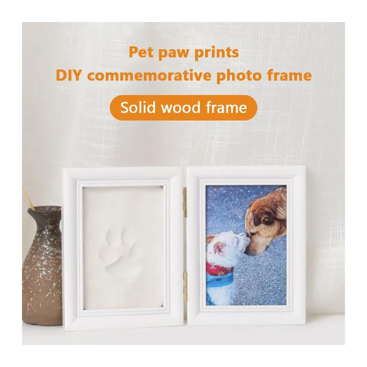 VOFORD 2-in-1 Bilderrahmen aus Holz in Weiß für Haustier-Pfotenabdruck und Fotos, freistehendes Andenken-Set im minimalistischen Design - Bild 1