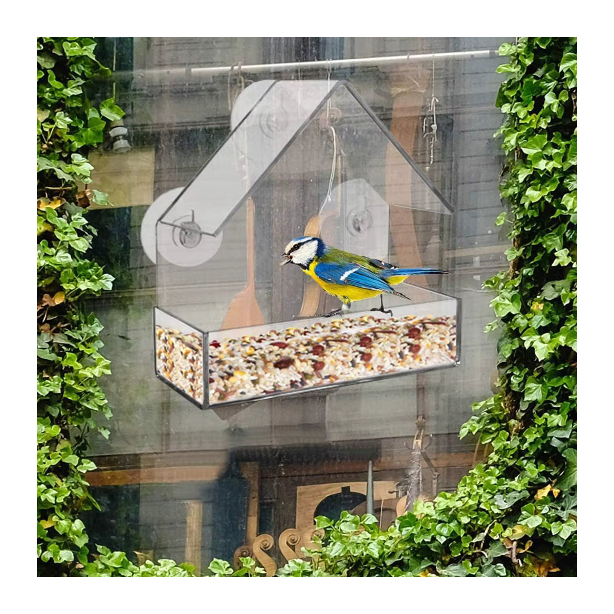 Vogelhäuschen aus Acryl für das Fenster mit Saugnapf, klares Futterhaus für Vögel zur Befüllung mit Samen oder Erdnüssen - Bild 2