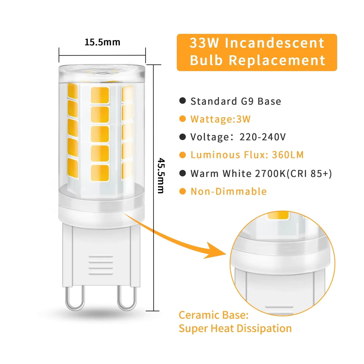 VooVoo 8er-Pack G9 LED-Glühbirnen, 3 W, 360 lm, Warmweiß, 2700 K, nicht dimmbar - Bild 2