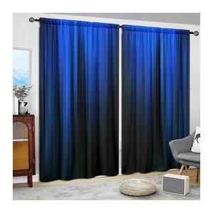 VOZMIO Vorhang Set mit Farbverlaufsstreifen-Design in Blau und Schwarz, 2 Stück bedruckte Fensterdekoration mit Stangentasche für Schlafzimmer, Büro und Küche