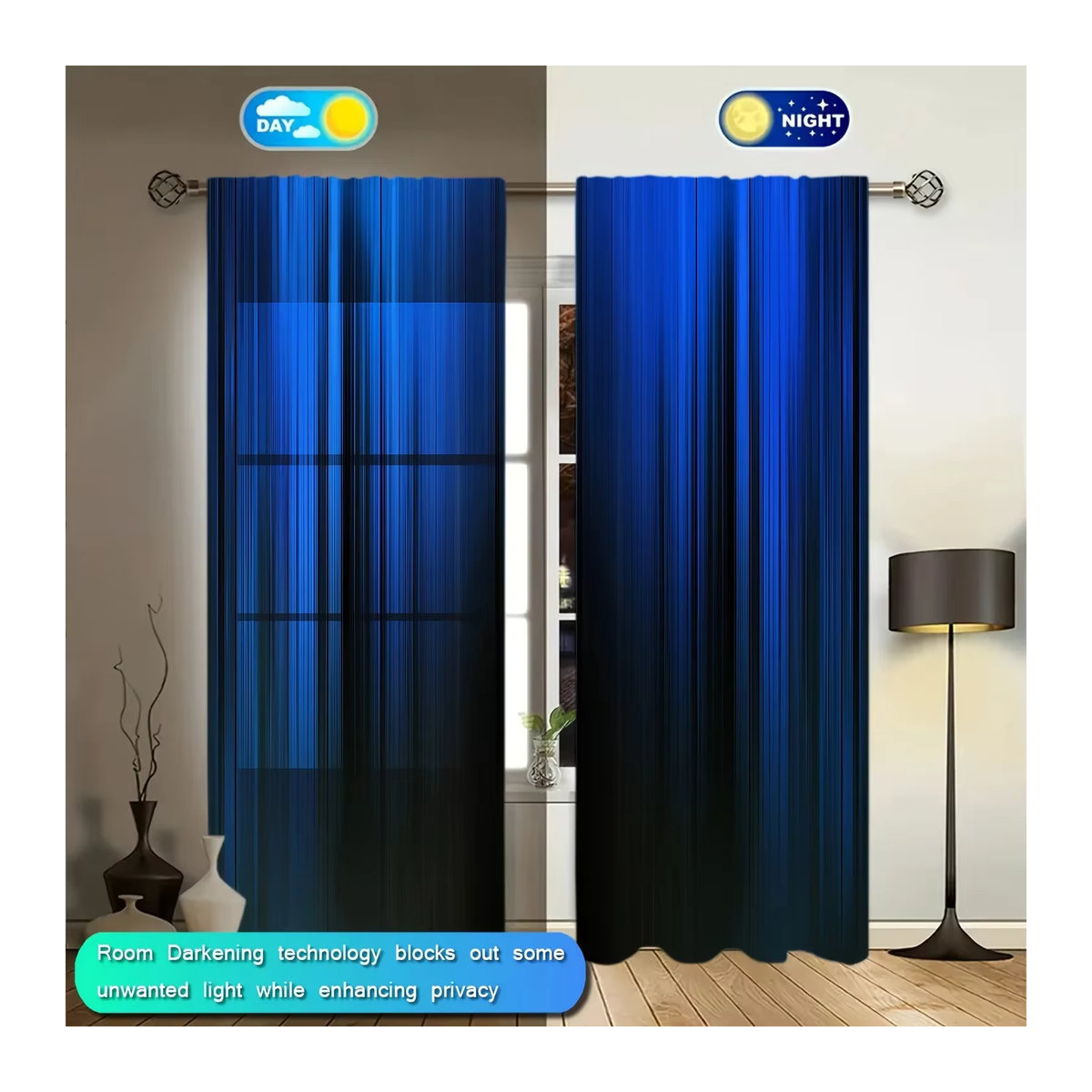 VOZMIO Vorhang Set mit Farbverlaufsstreifen-Design in Blau und Schwarz, 2 Stück bedruckte Fensterdekoration mit Stangentasche für Schlafzimmer, Büro und Küche - Bild 2