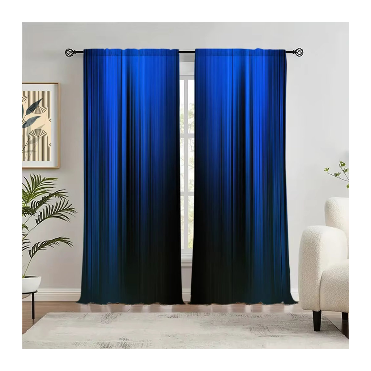 VOZMIO Vorhang Set mit Farbverlaufsstreifen-Design in Blau und Schwarz, 2 Stück bedruckte Fensterdekoration mit Stangentasche für Schlafzimmer, Büro und Küche - Bild 4