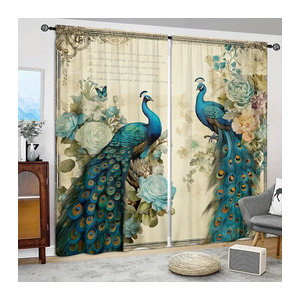 VOZMIO Vorhang Set mit Pfauen-Print, 2 Stück, mehrfarbig, für Wohnzimmer, Schlafzimmer und Büro