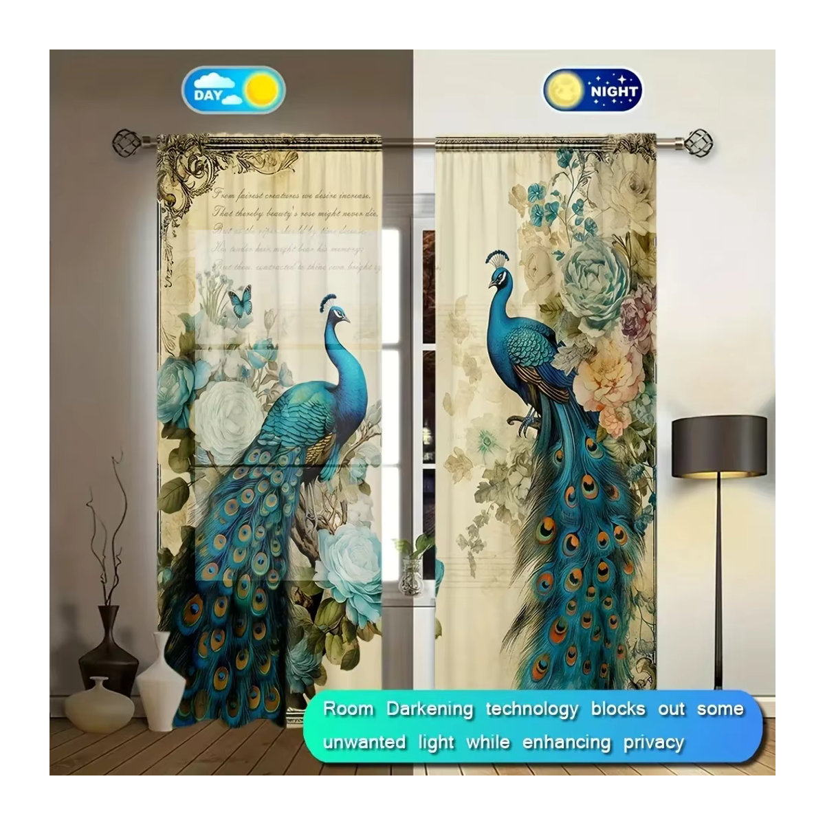 VOZMIO Vorhang Set mit Pfauen-Print, 2 Stück, mehrfarbig, für Wohnzimmer, Schlafzimmer und Büro - Bild 2