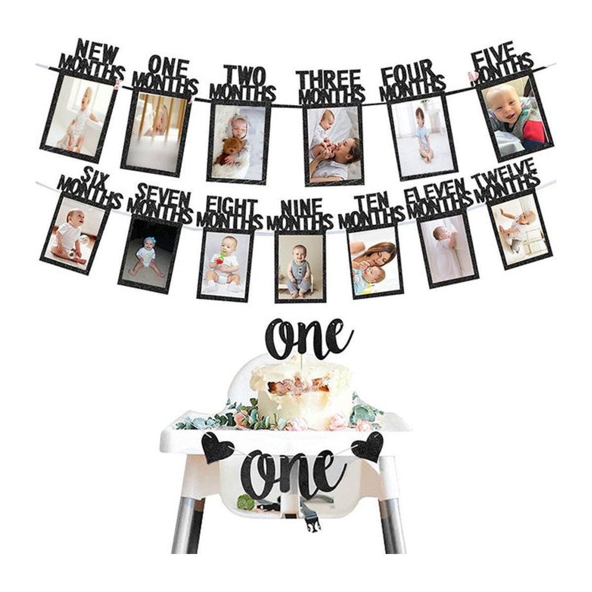 VRISE Baby Foto Banner für den ersten Geburtstag mit Hochstuhl Banner und Foto-Clips in Braun und Schwarz - Bild 1