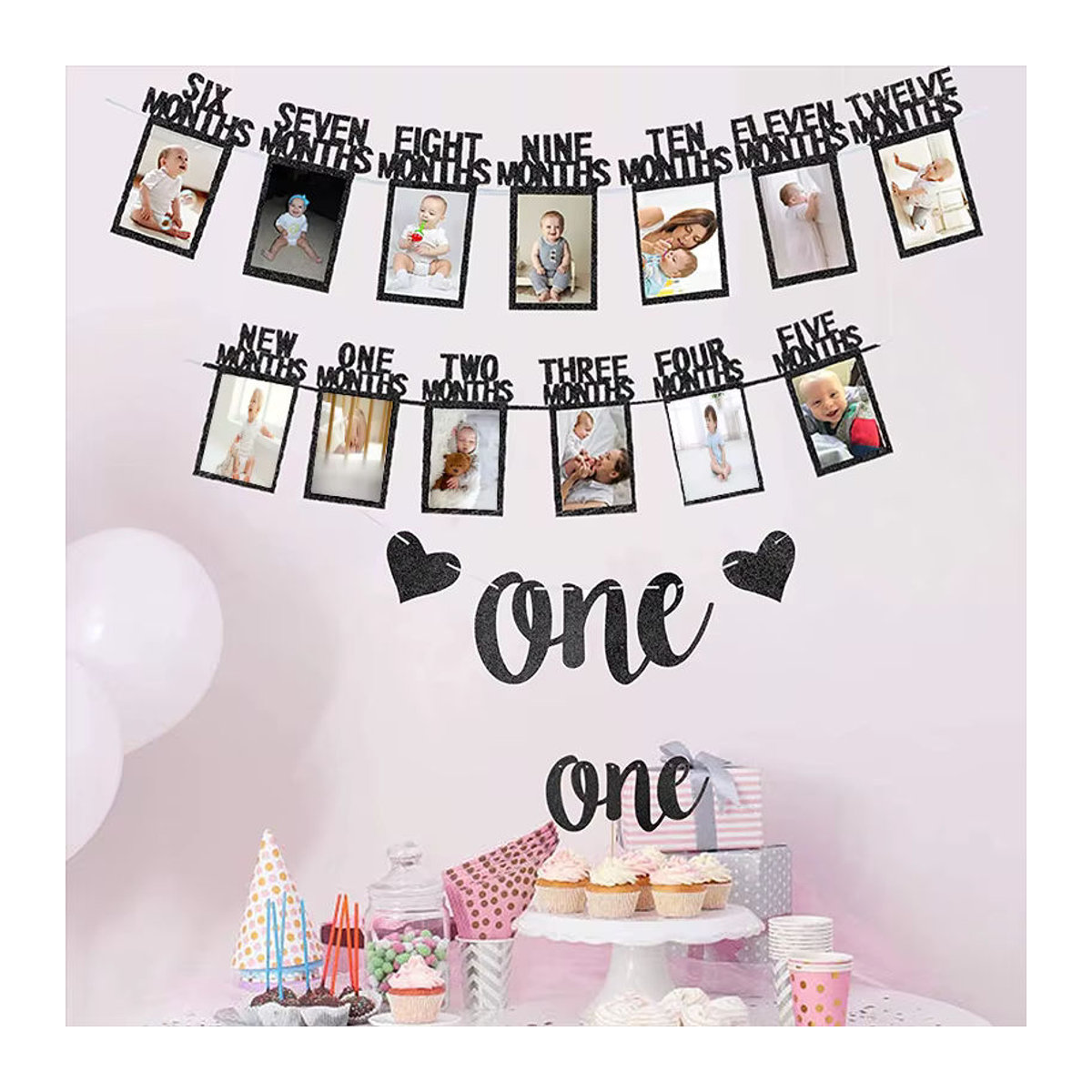VRISE Baby Foto Banner für den ersten Geburtstag mit Hochstuhl Banner und Foto-Clips in Braun und Schwarz - Bild 3
