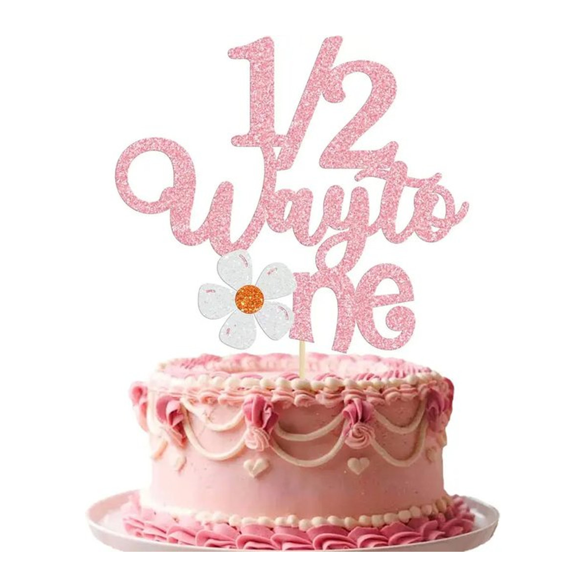 VRISE Cake Topper Daisy Half Way to One in Rosa mit Glitzer für den 6. Monat Geburtstag und Babyparty - Bild 1