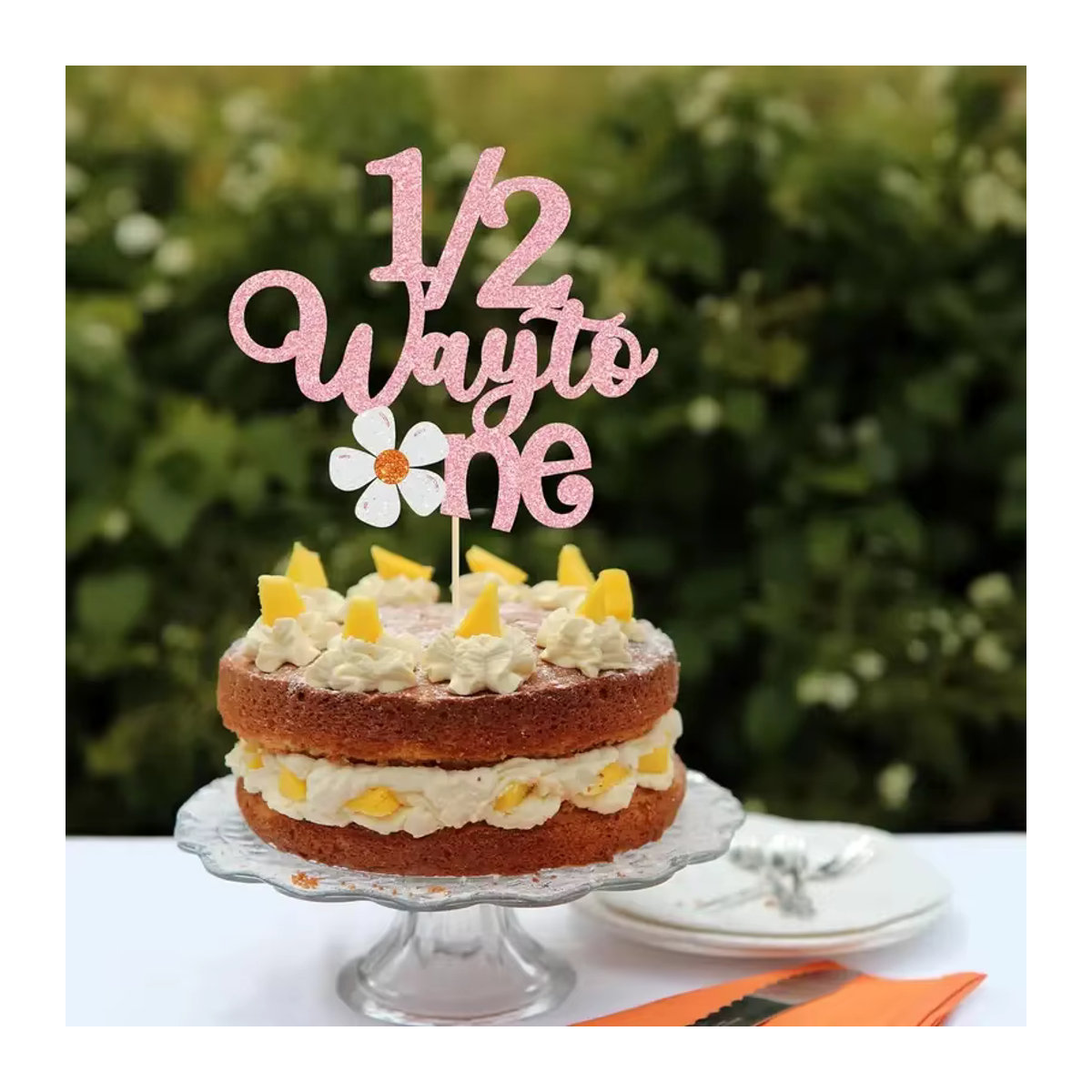 VRISE Cake Topper Daisy Half Way to One in Rosa mit Glitzer für den 6. Monat Geburtstag und Babyparty - Bild 2
