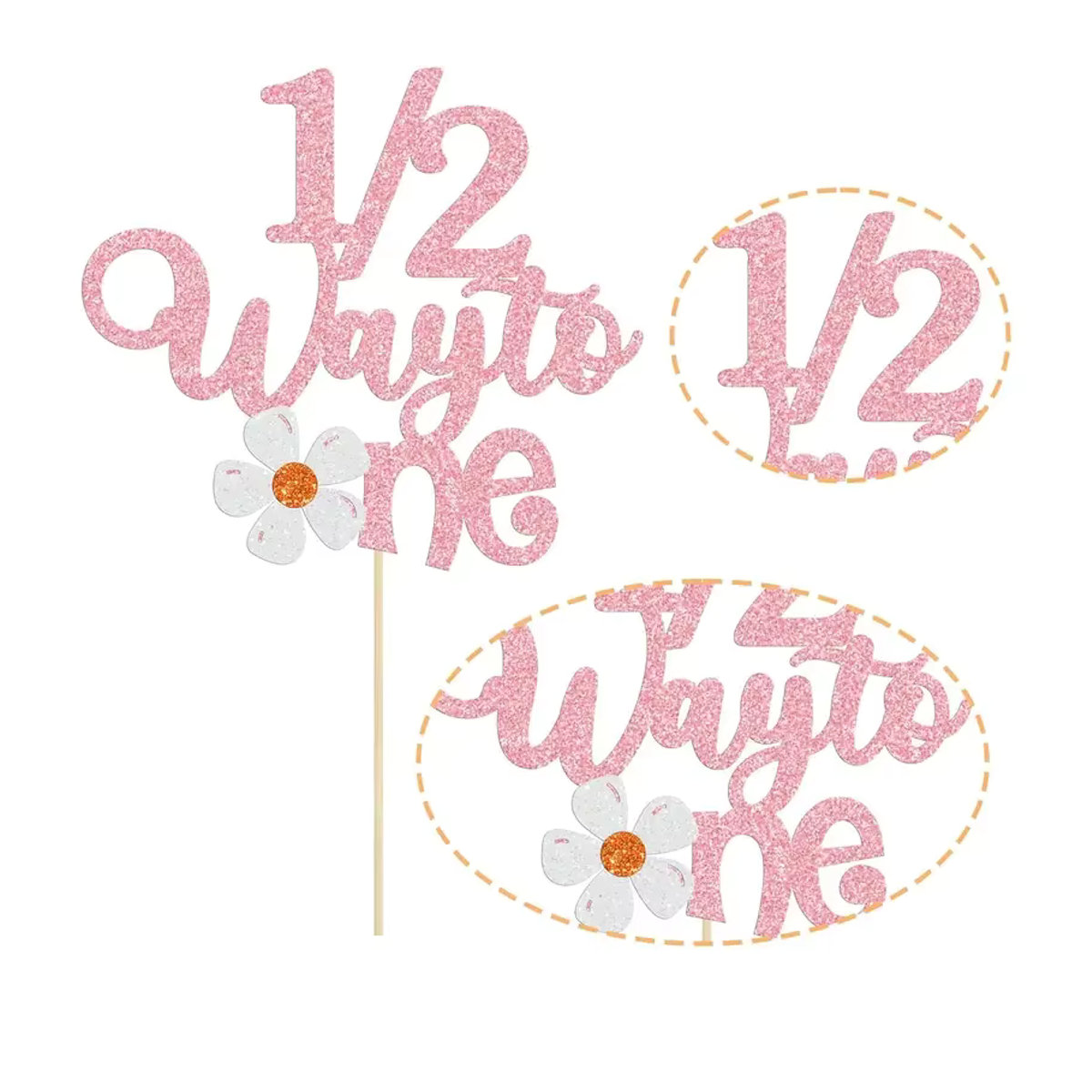 VRISE Cake Topper Daisy Half Way to One in Rosa mit Glitzer für den 6. Monat Geburtstag und Babyparty - Bild 4
