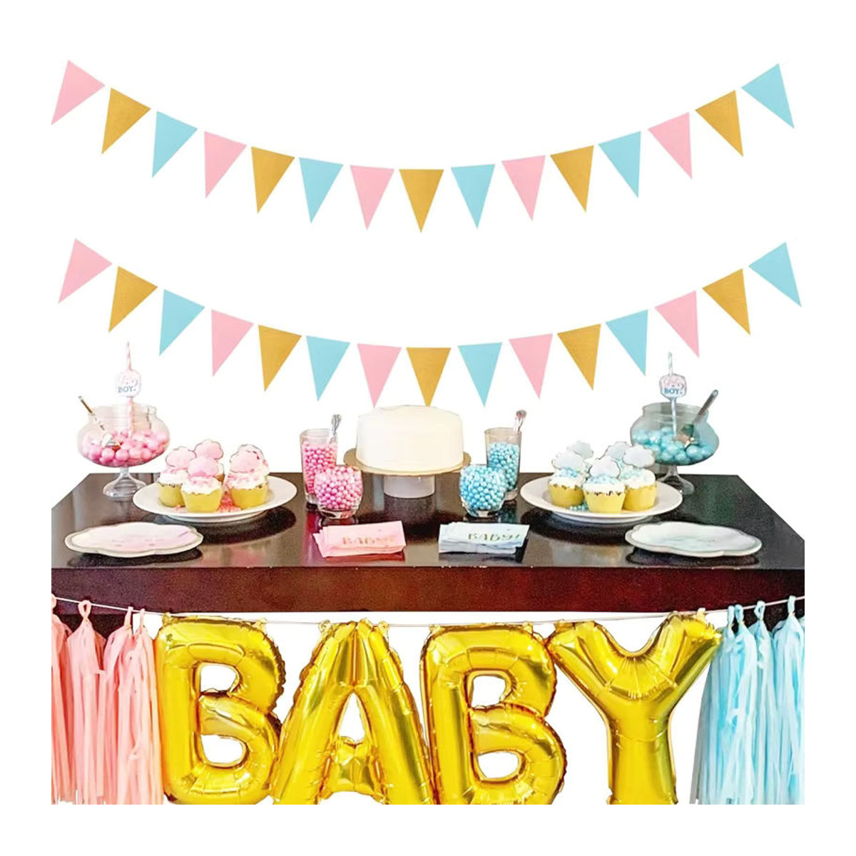 VRISE Party Dekoration Set mit 15 Stück geometrischen Dreieck Flaggen aus Papier in Blau, Rosa und Gold für Baby Gender Reveal und Geburtstagsfeiern - Bild 3