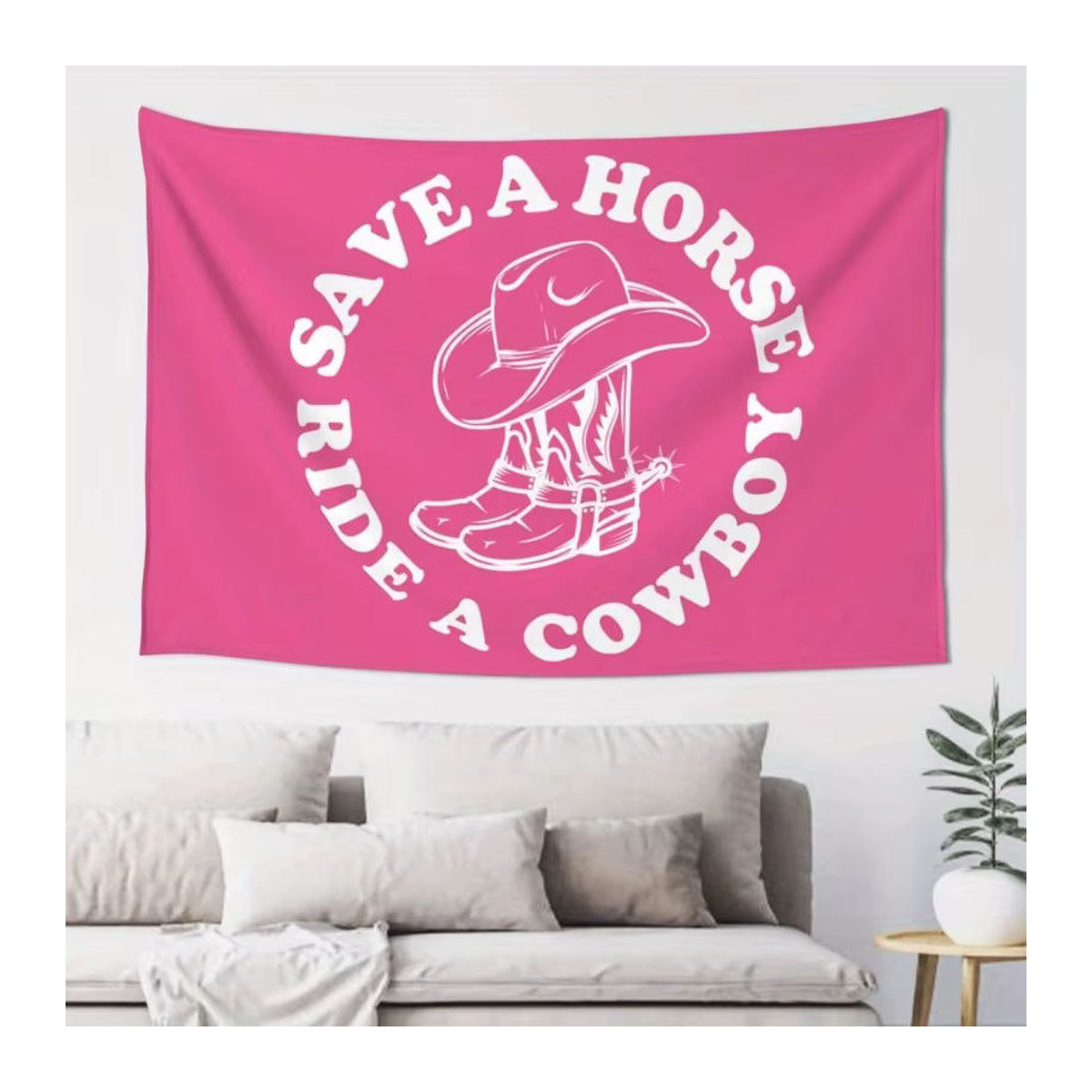 Wacites Wandteppich Save A Horse Ride A Cowboy in Rosa, lustiger Wandbehang mit Cowboy-Motiv für Schlafzimmer und Wohnheim, B: 60 cm, H: 40 cm - Bild 2