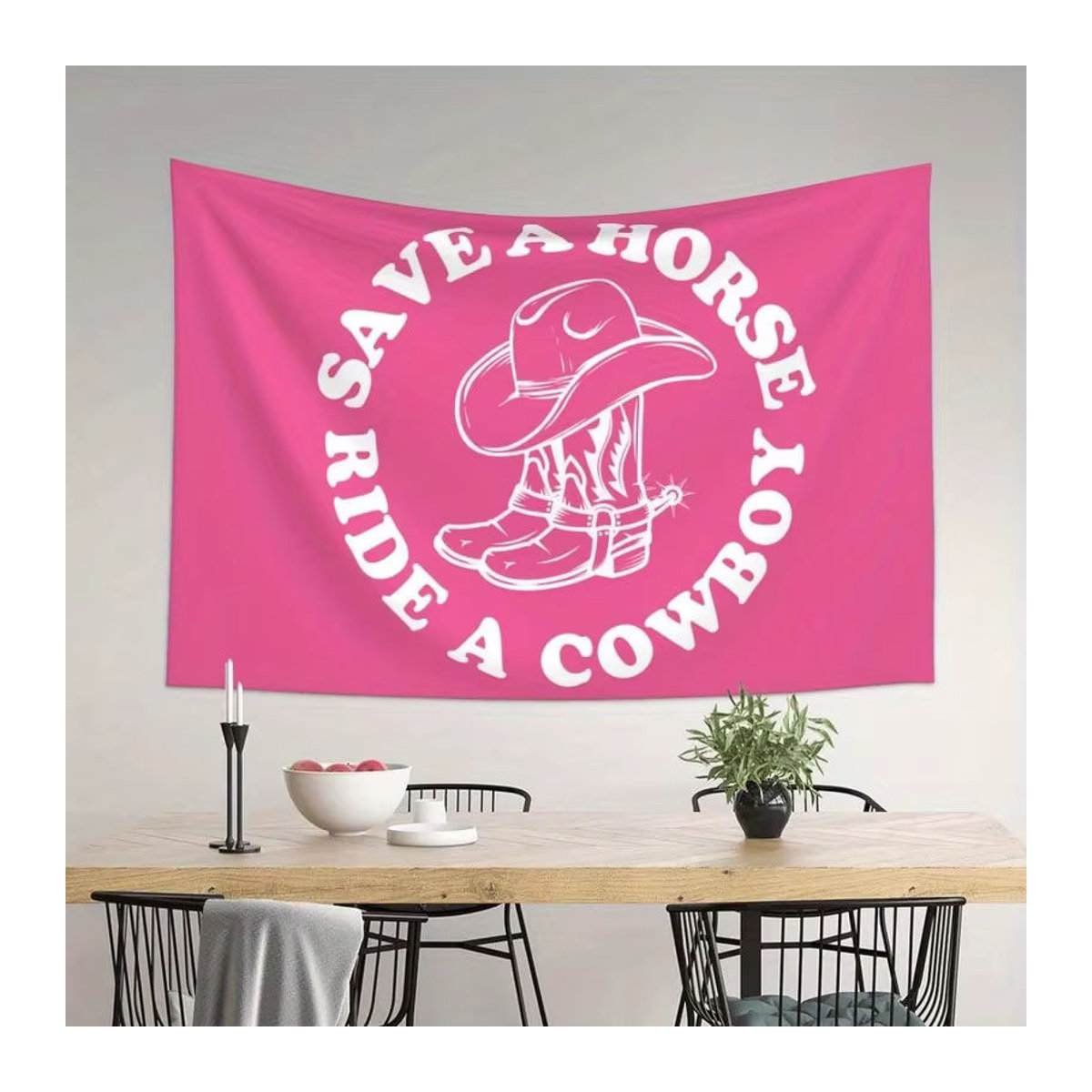Wacites Wandteppich Save A Horse Ride A Cowboy in Rosa, lustiger Wandbehang mit Cowboy-Motiv für Schlafzimmer und Wohnheim, B: 60 cm, H: 40 cm - Bild 3