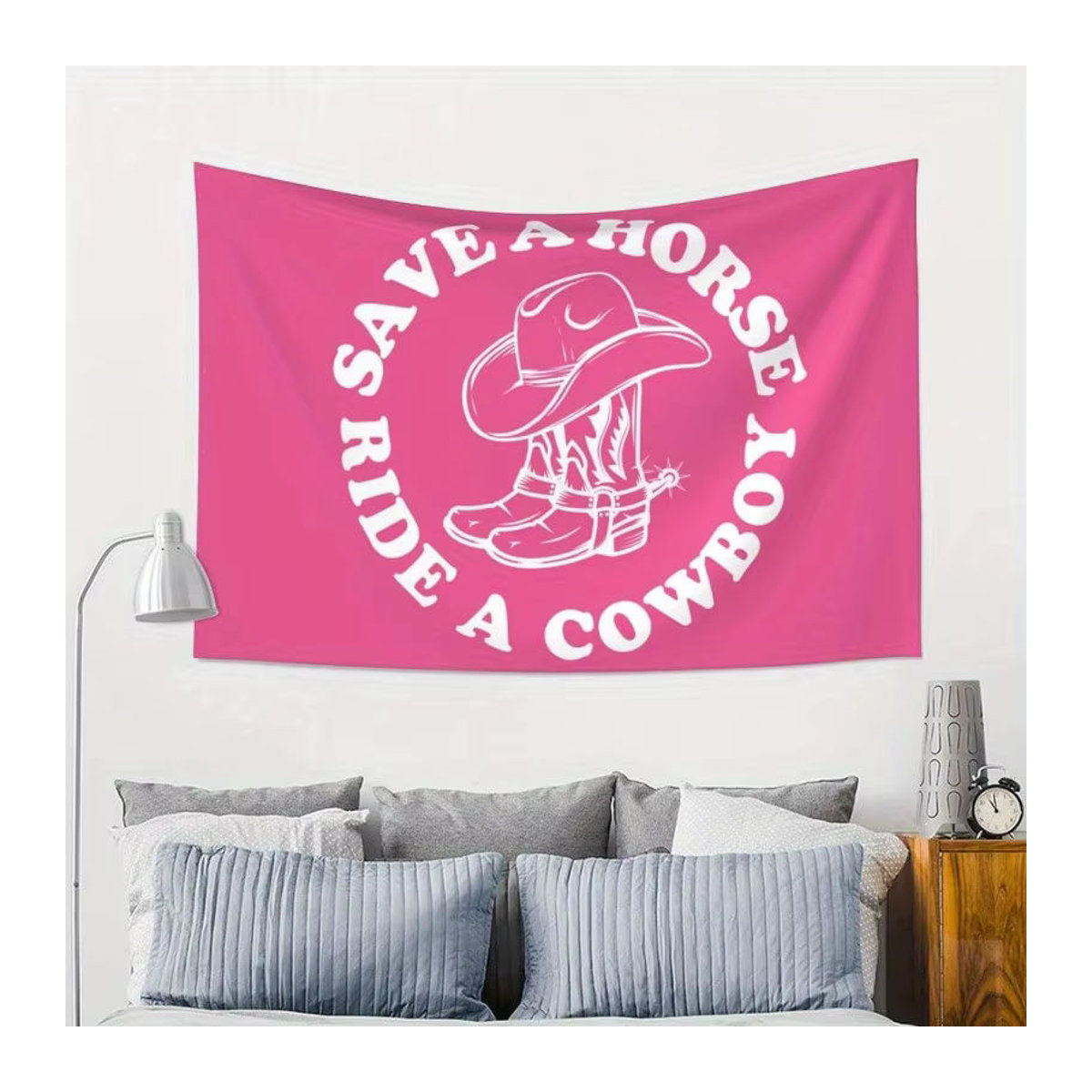 Wacites Wandteppich Save A Horse Ride A Cowboy in Rosa, lustiger Wandbehang mit Cowboy-Motiv für Schlafzimmer und Wohnheim, B: 60 cm, H: 40 cm - Bild 4