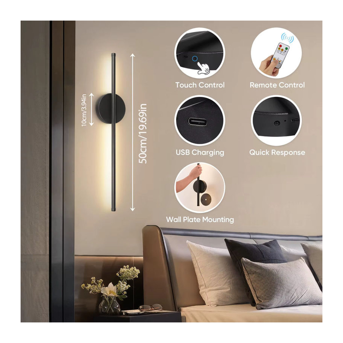 WADBTY LED Wandleuchte minimalistisch, dimmbar und wiederaufladbar, Breite: 50 cm - Bild 3