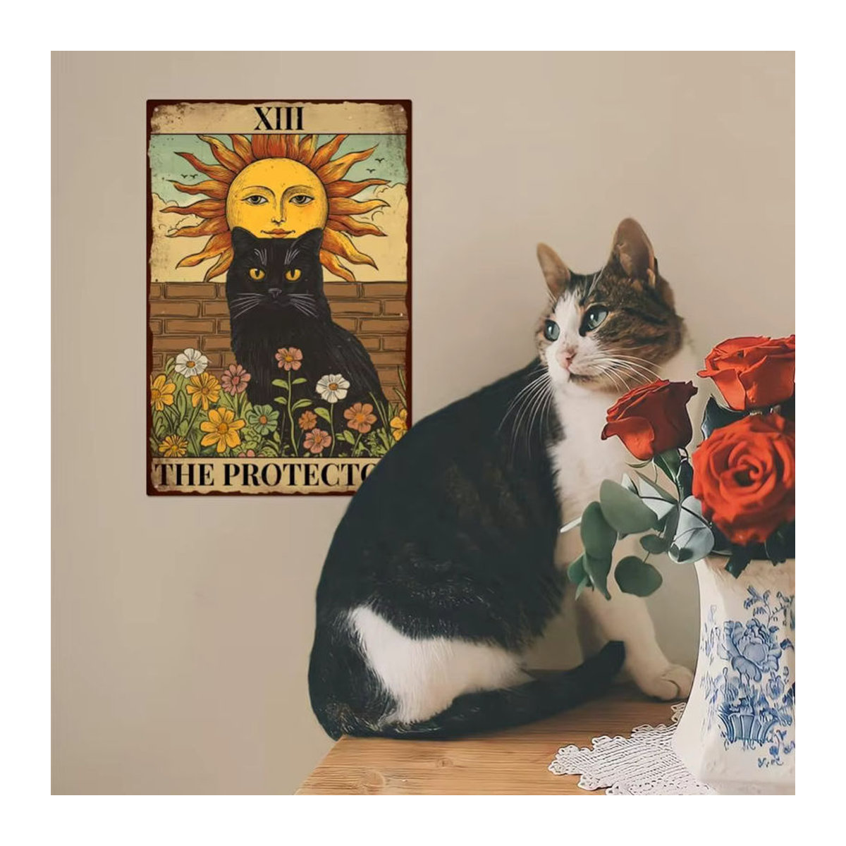 WADORN Tarot-Katze Metallblechschild The Protector, Vintage Wanddeko für Zuhause und Café, mehrfarbig, B: 30 cm, H: 20 cm, T: 0 cm - Bild 1