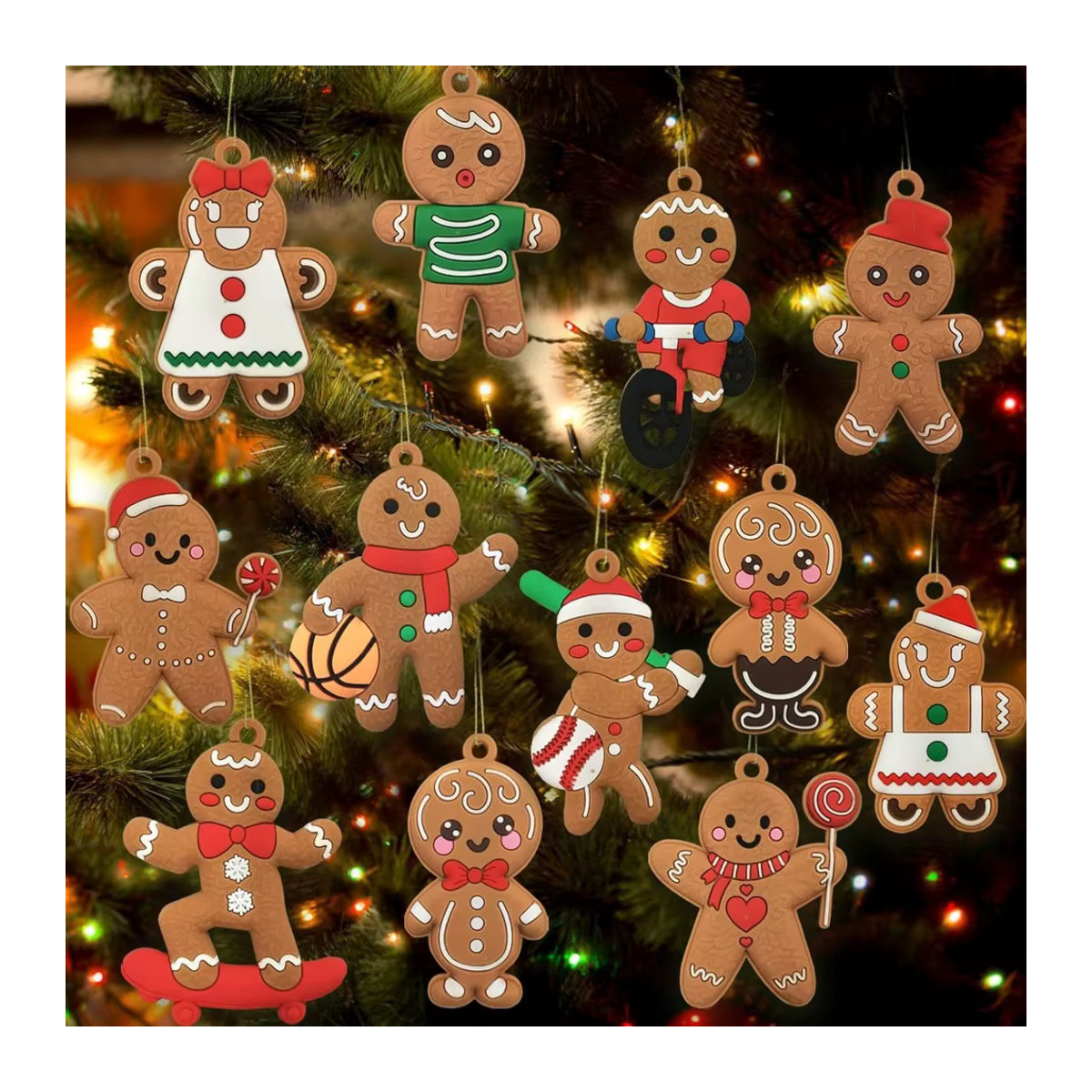 WakaParty 12er Set Weihnachts-Hängeornamente aus Kunststoff mit Lebkuchenmann und Tierfiguren in Mehrfarbig - Bild 2
