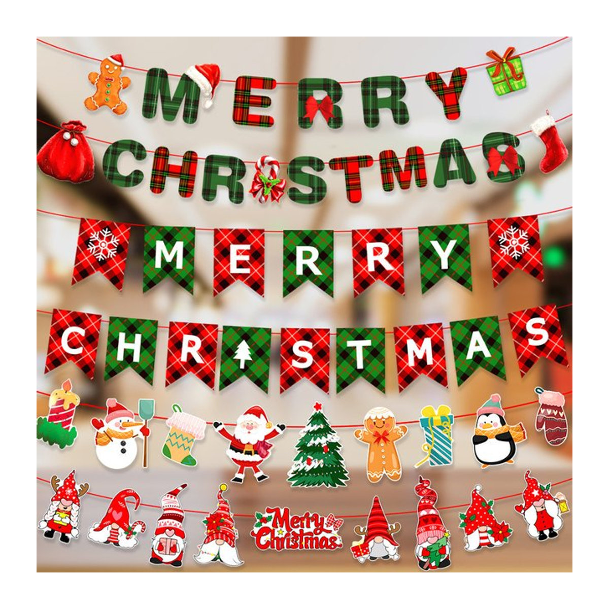 WakaParty Frohe Weihnachten Papier Banner Set in Rot und Grün zur Dekoration von Weihnachtsbaum, Fenster und Wand - Bild 1