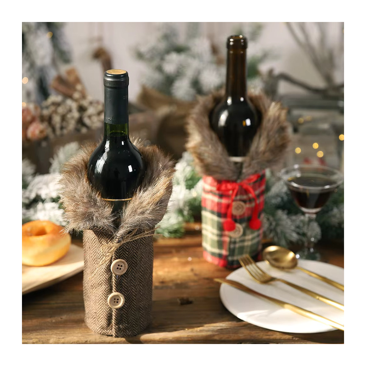 WakaParty Wein Flaschenhülle im Landhausstil mit Gestreiftem Plaid Design, Mehrfarbig, Textil - Bild 4