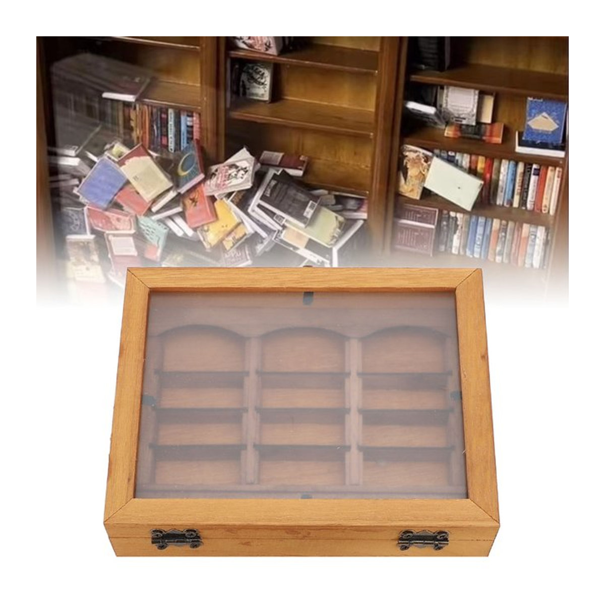 WALFRONT Miniatur Bücherregal Vitrine aus Holz in Braun als Deko-Ornament für Schreibtisch und Wohnzimmer - Bild 1