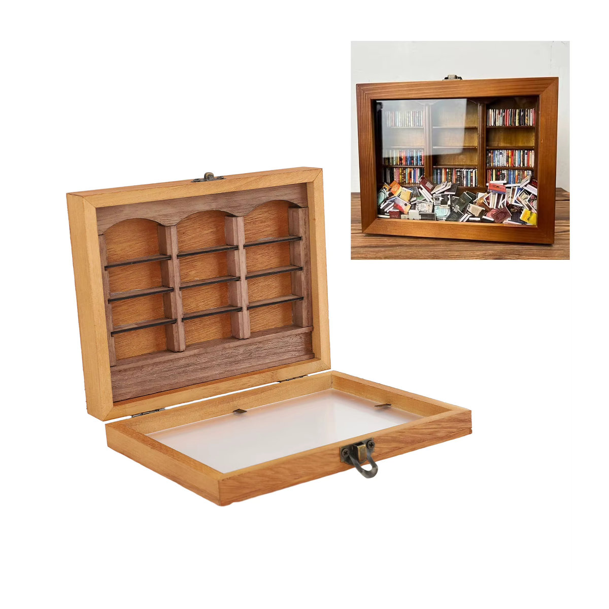 WALFRONT Miniatur Bücherregal Vitrine aus Holz in Braun als Deko-Ornament für Schreibtisch und Wohnzimmer - Bild 4