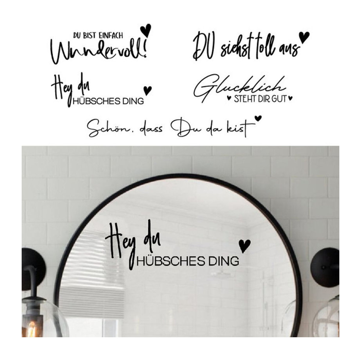 Wall's Tale Spiegel Aufkleber Vinyl Schwarz Du bist einfach wundervoll und Hey du hübsches Ding Badezimmer Wanddeko - Bild 1