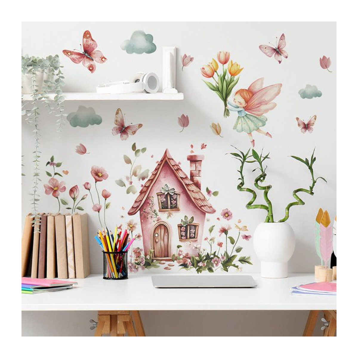 Wandaufkleber Cartoon-Traum kleines Haus mit Blumen und Schmetterlingen, mehrfarbig, für Kinderzimmer und Wohnzimmer, B: 60 cm, H: 40 cm - Bild 1