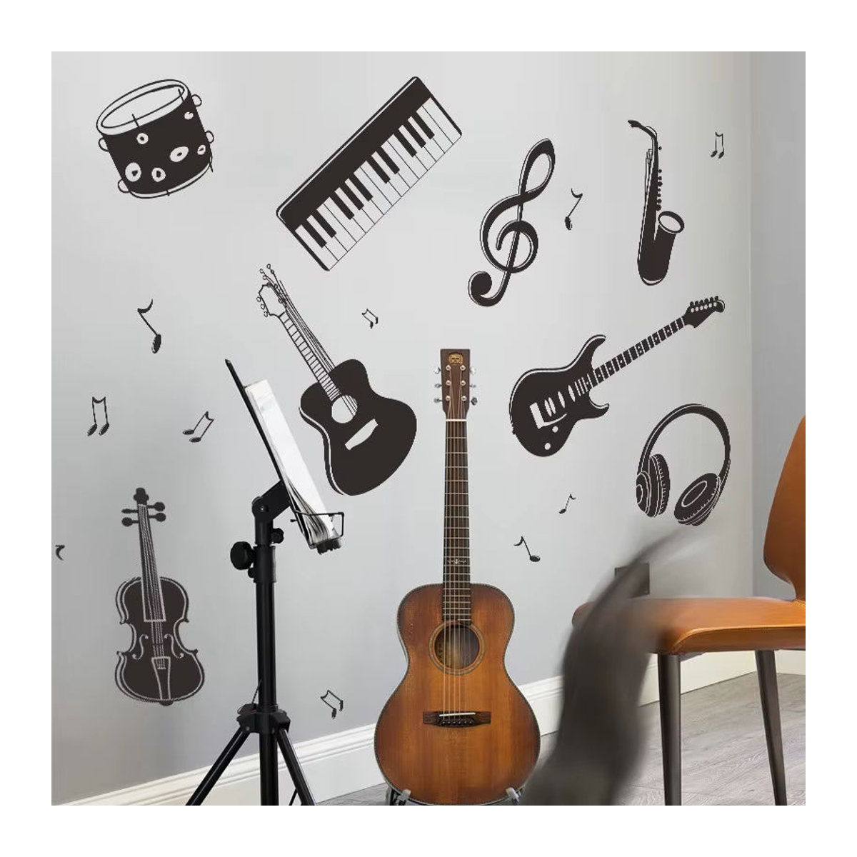 Wandaufkleber mit Gitarre und Klavier Motiv in Schwarz zur Wanddekoration für Schlafzimmer und Klassenzimmer - Bild 3
