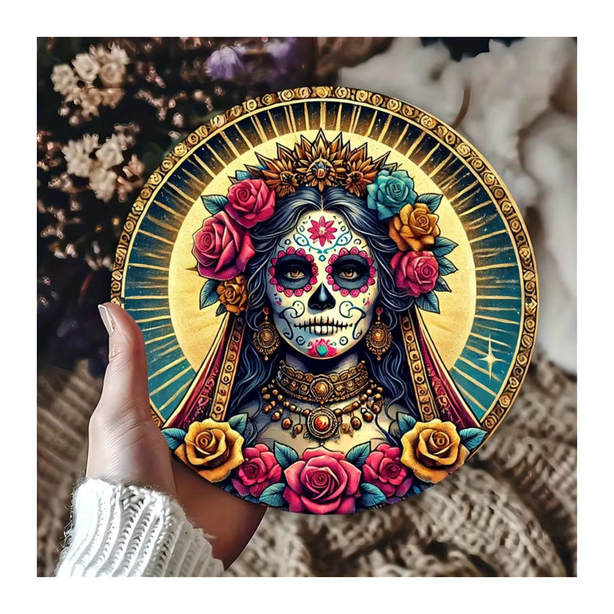 Wandbehang Day of the Dead von Hello Young aus Metall, mehrfarbiges Zuckerskelett-Porträt, B/H: 20,3 x 20,3 cm - Bild 1
